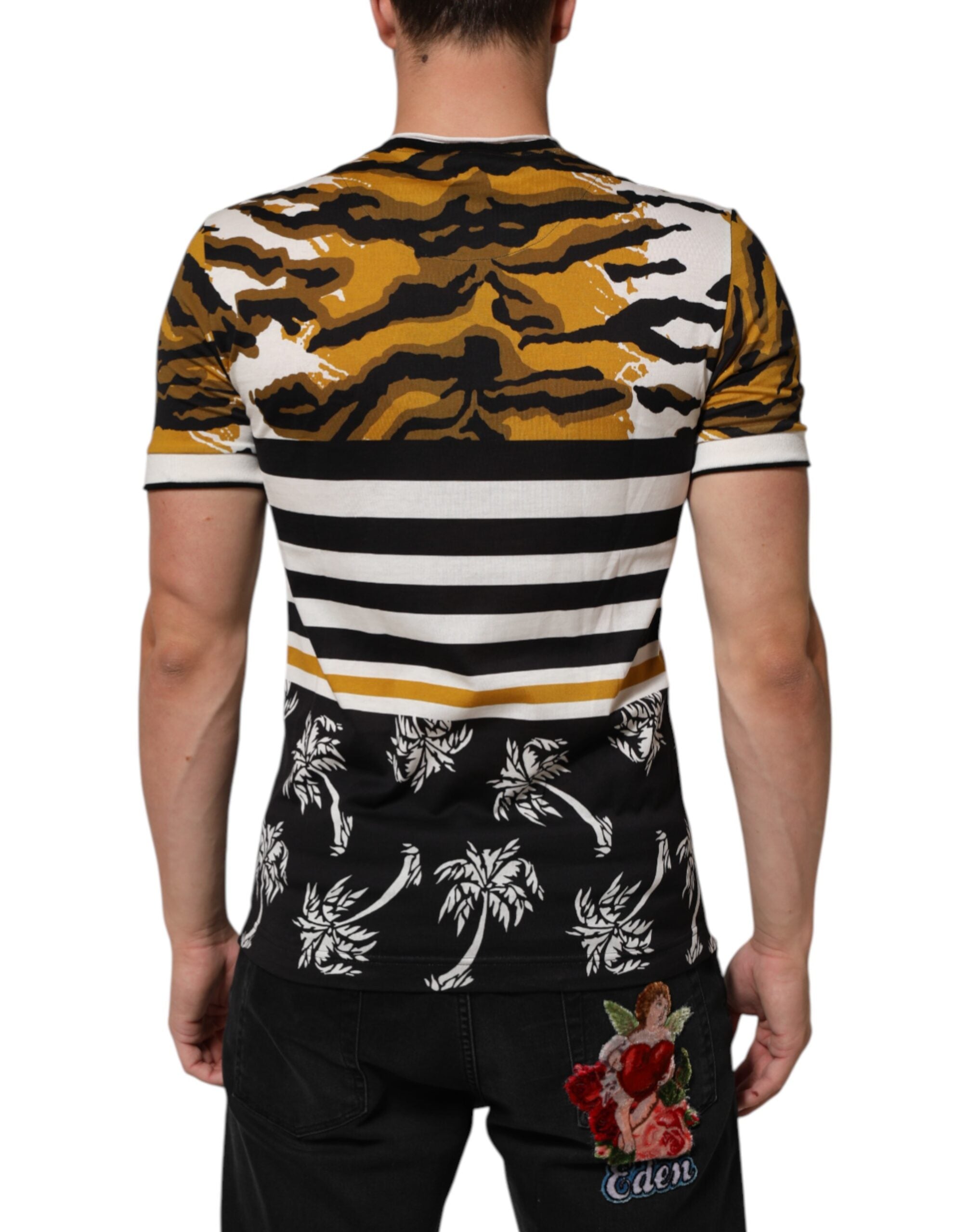 Dolce & Gabbana Rundhals-T-Shirt für Herren mit Leoparden- und Palmenblattmuster in Multicolor