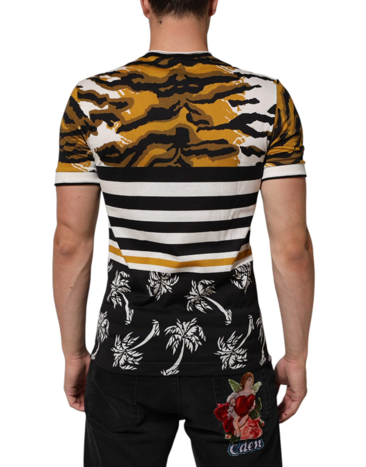 Dolce & Gabbana Multicolor Leopard Palm Leaf Men's Crew Neck T-Shirt