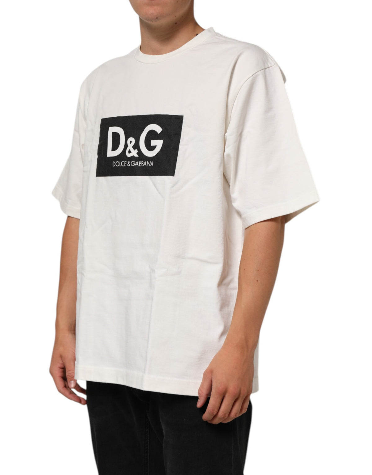 Dolce & Gabbana White Logo Print Cotton Crewneck Men's T-Shirt