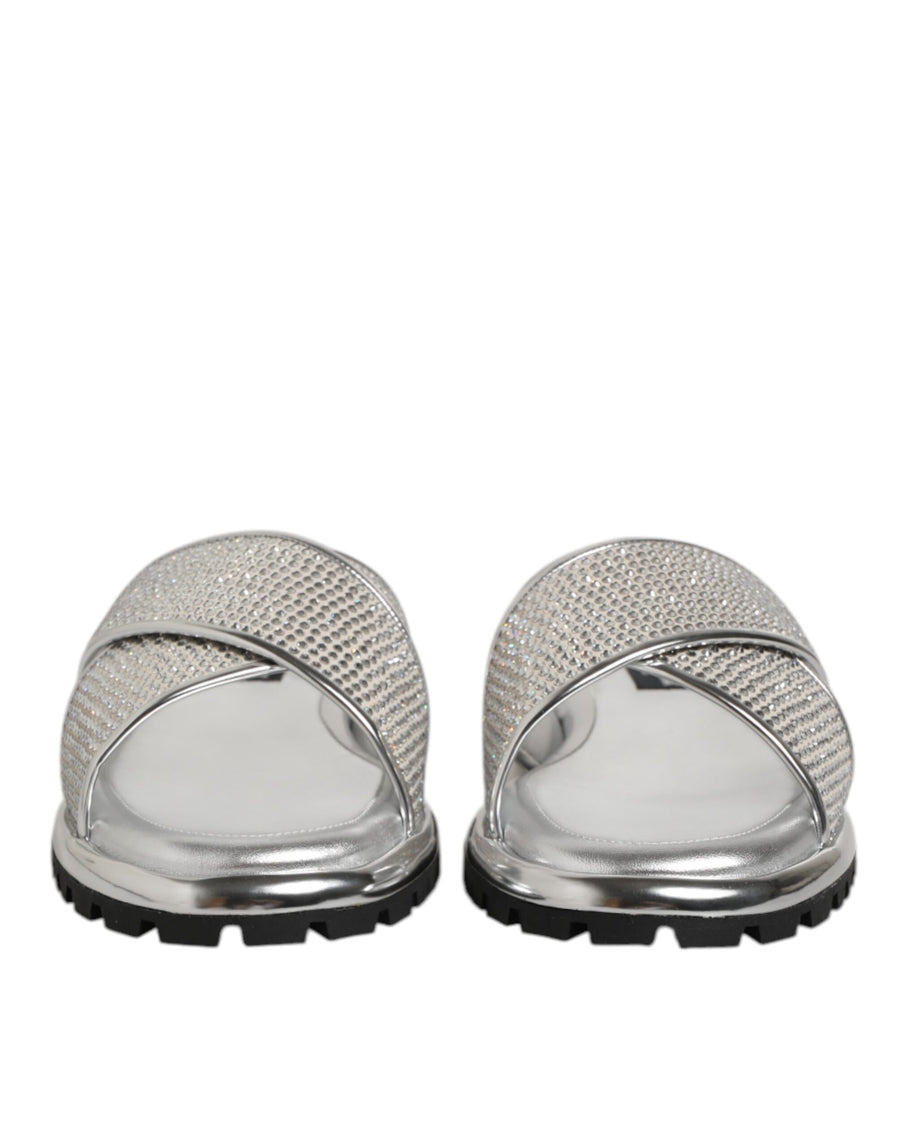 Dolce & Gabbana Silver Rhinestone Slide Flats Slippers Shoes