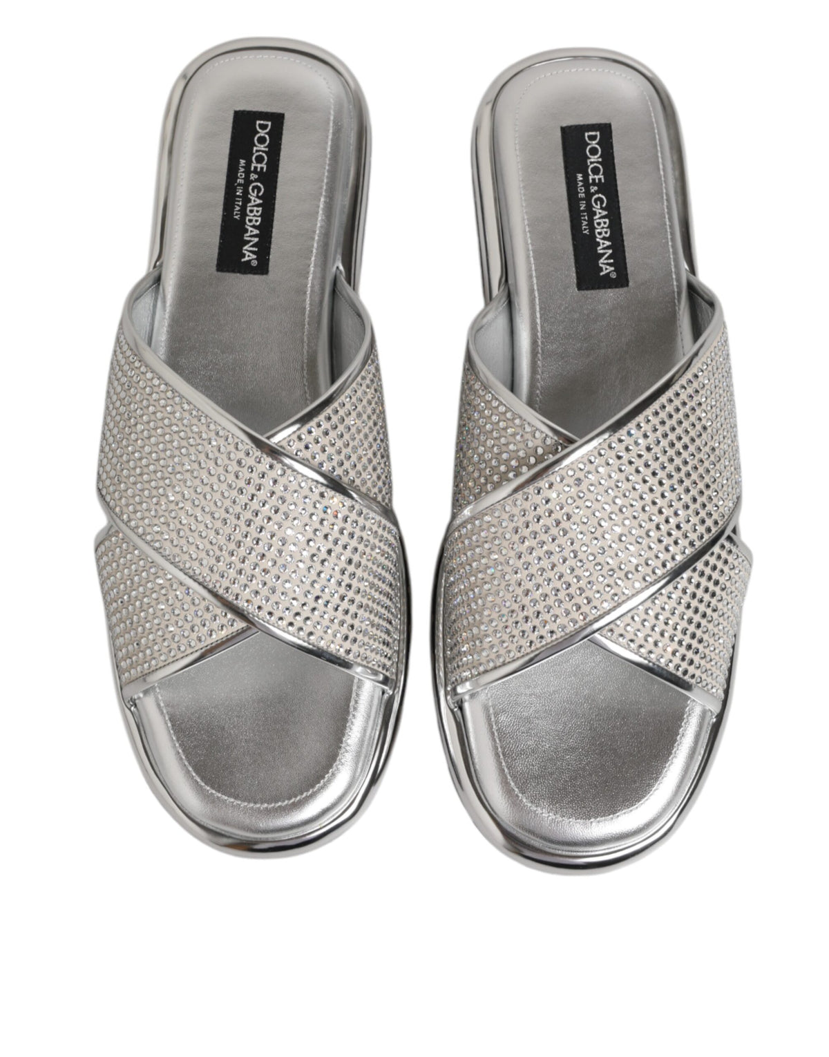Dolce & Gabbana Silver Rhinestone Slide Flats Slippers Shoes