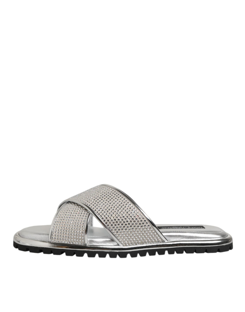 Dolce & Gabbana Silber Strass Rutschen Flats Hausschuhe Schuhe