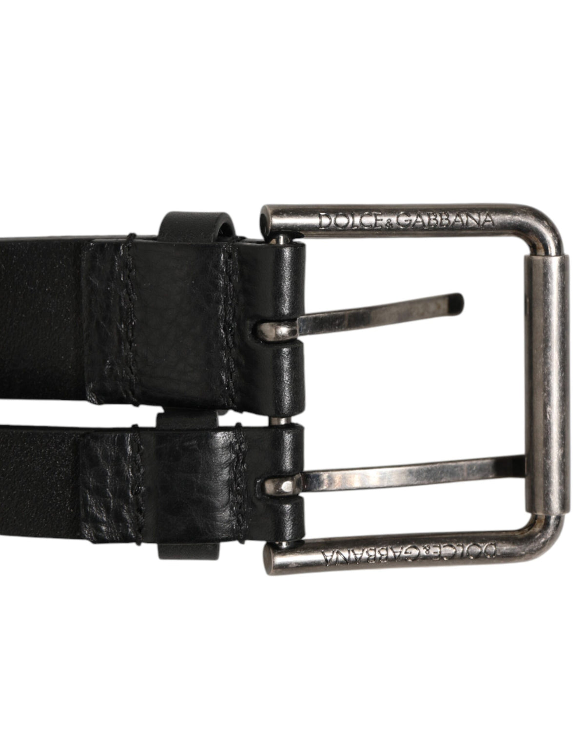 Dolce & Gabbana Black Leather Double Strap Belt with Silver Buckle