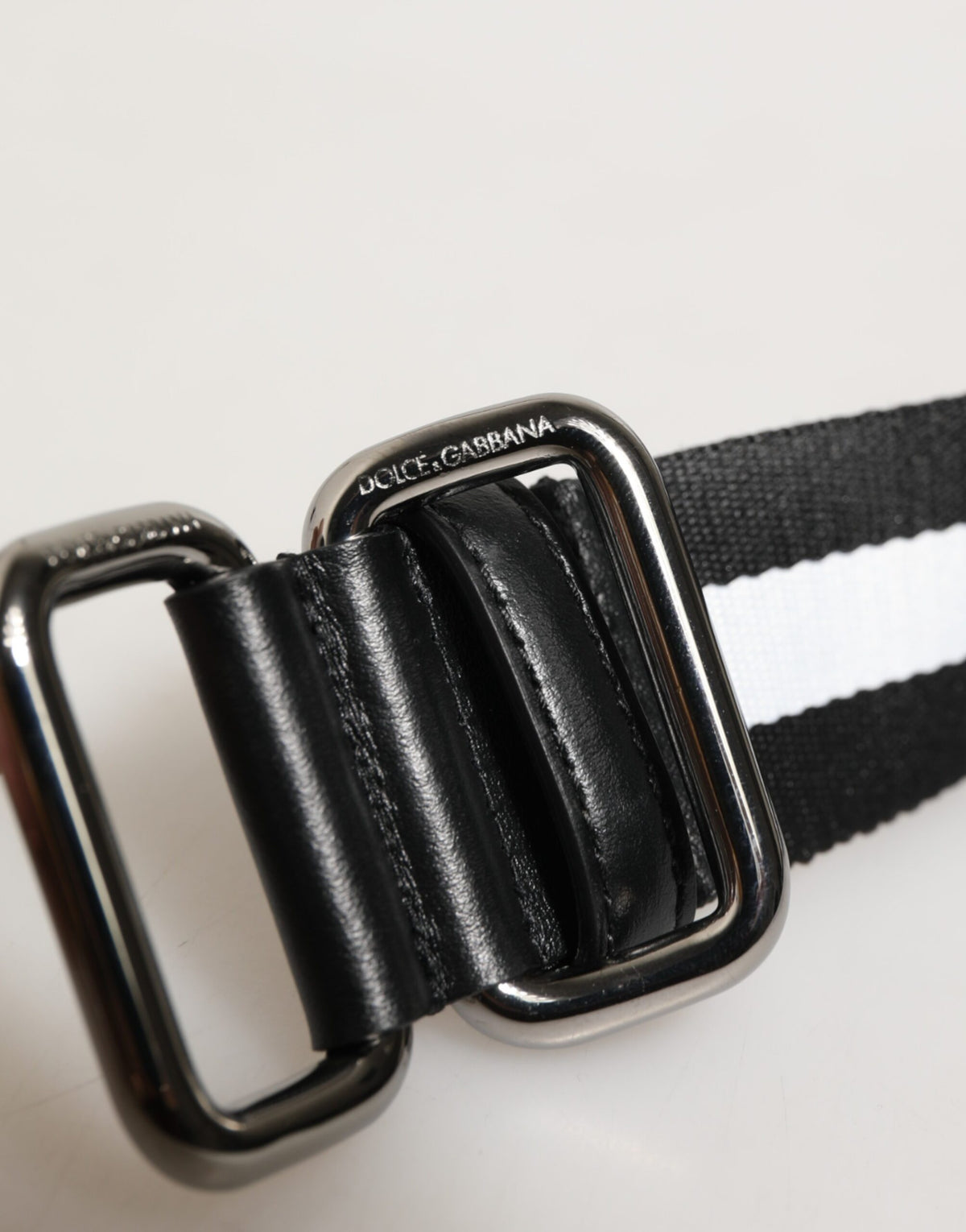 Dolce & Gabbana Black and White Striped Logo Metal Buckle Belt