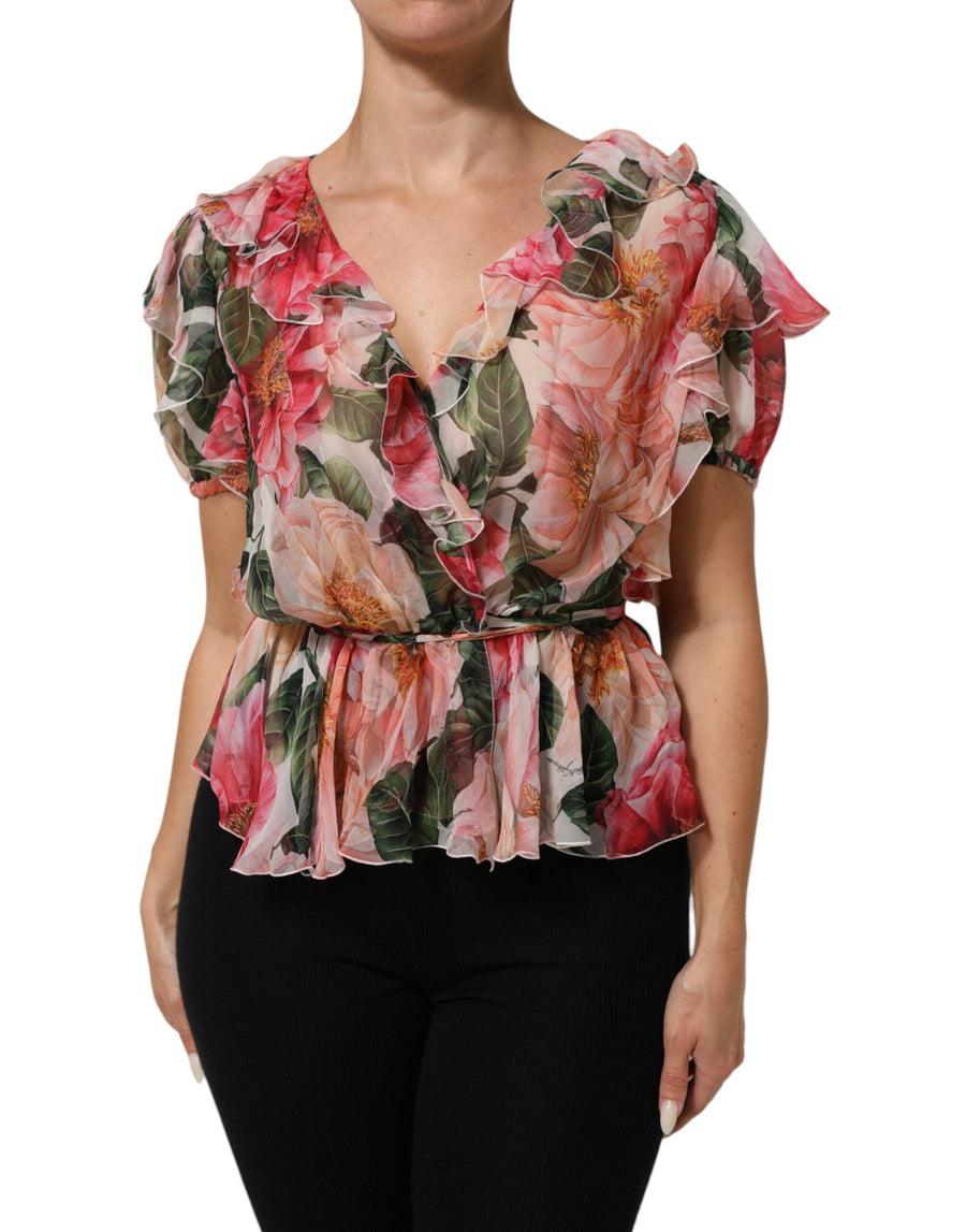 Dolce & Gabbana Pink Camellia Printed V-neck Silk Blouse Top