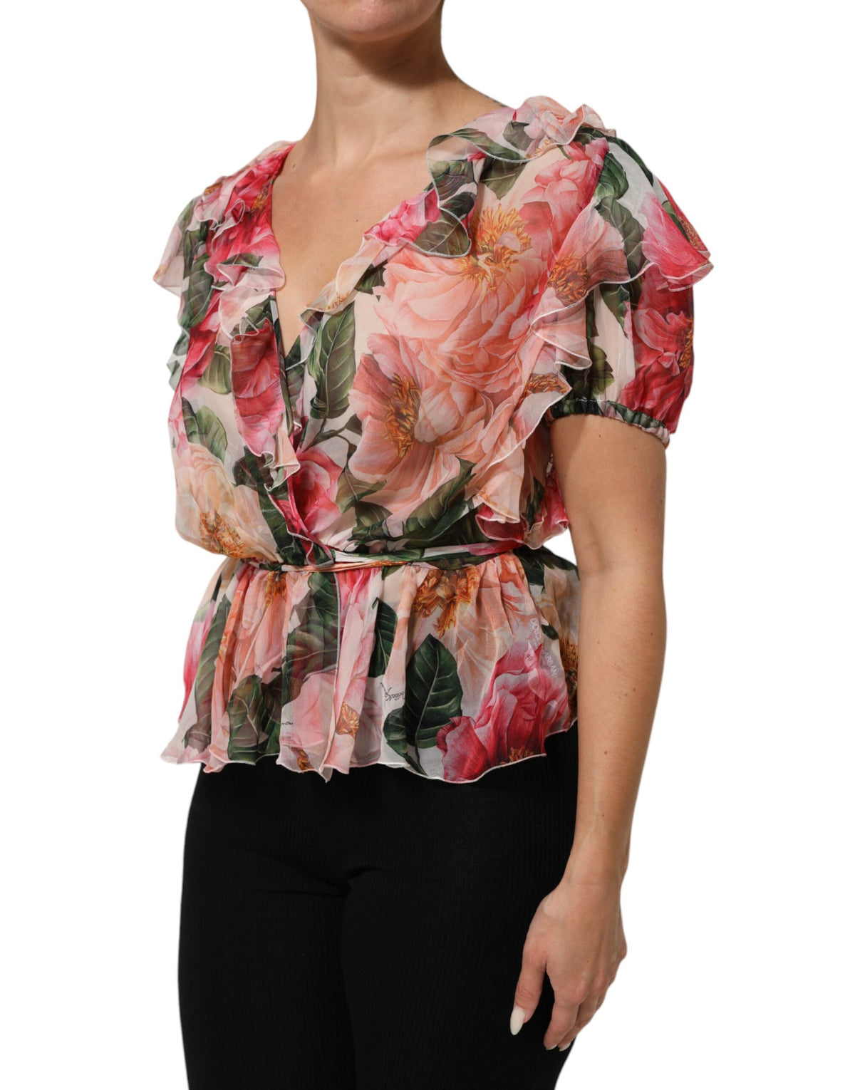 Dolce & Gabbana Rosa Kamelien bedrucktes Seidenblusentop mit V-Ausschnitt