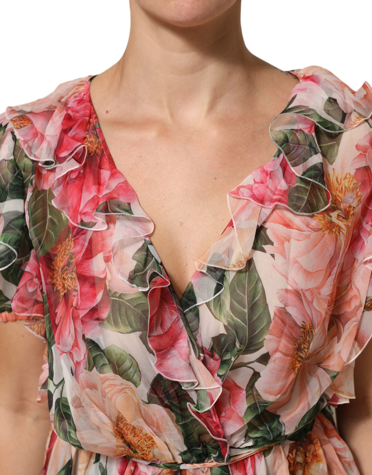 Dolce & Gabbana Rosa Kamelien bedrucktes Seidenblusentop mit V-Ausschnitt