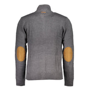 Gianmarco Venturi grauer Baumwoll-Pullover mit langem Arm, kontrastierenden braunen Ellenbogen-Patches und Stehkragen.