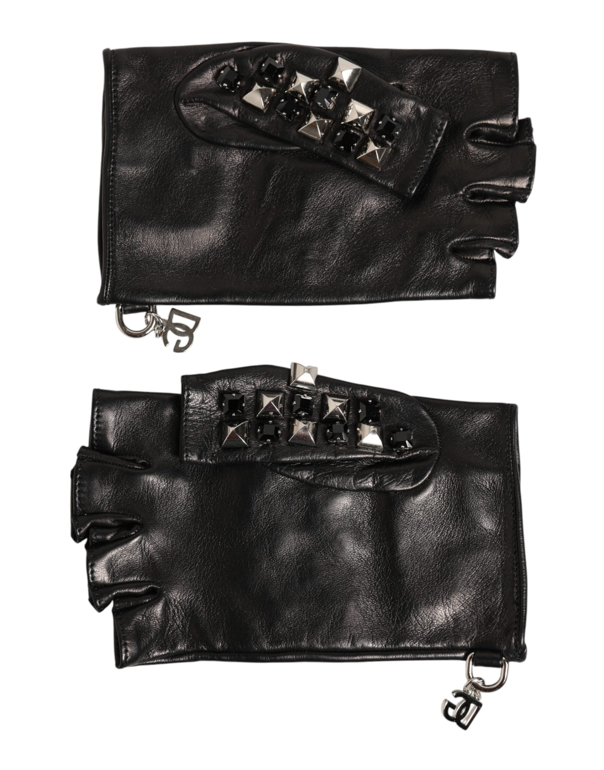 Dolce & Gabbana Schwarze Fingerlose Herren-Handschuhe aus Leder mit Nieten