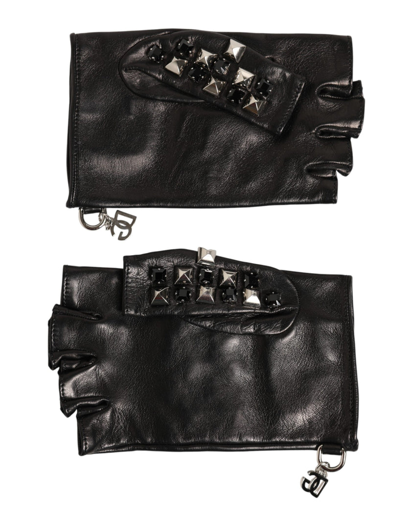 Dolce & Gabbana Schwarze Fingerlose Herren-Handschuhe aus Leder mit Nieten