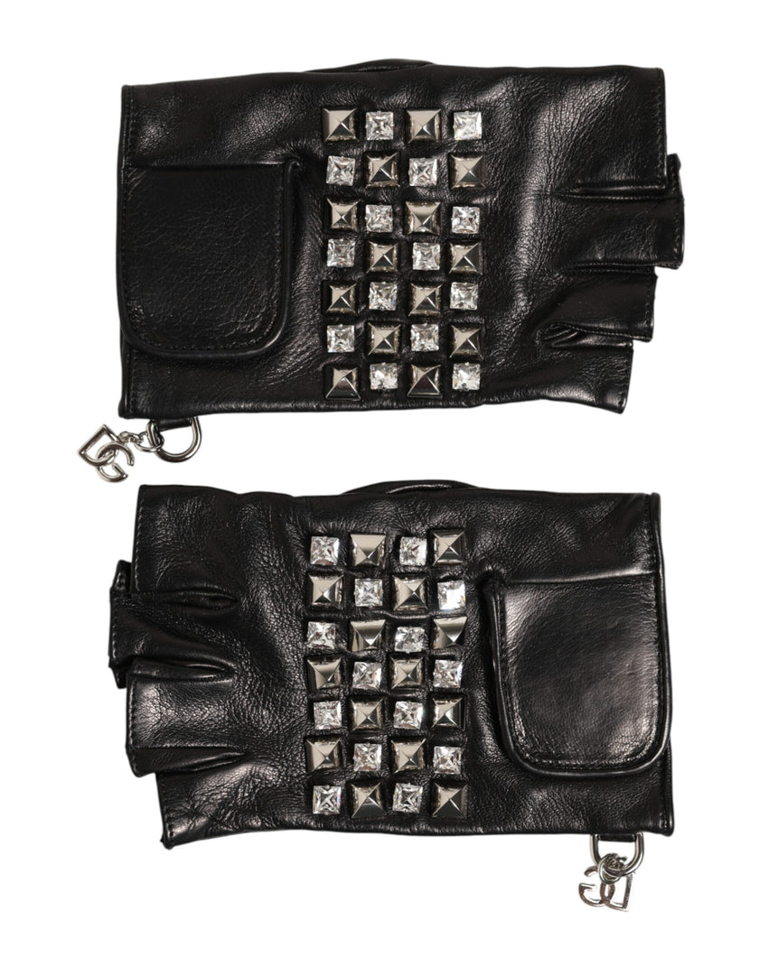 Dolce & Gabbana Schwarze Fingerlose Herren-Handschuhe aus Leder mit Nieten