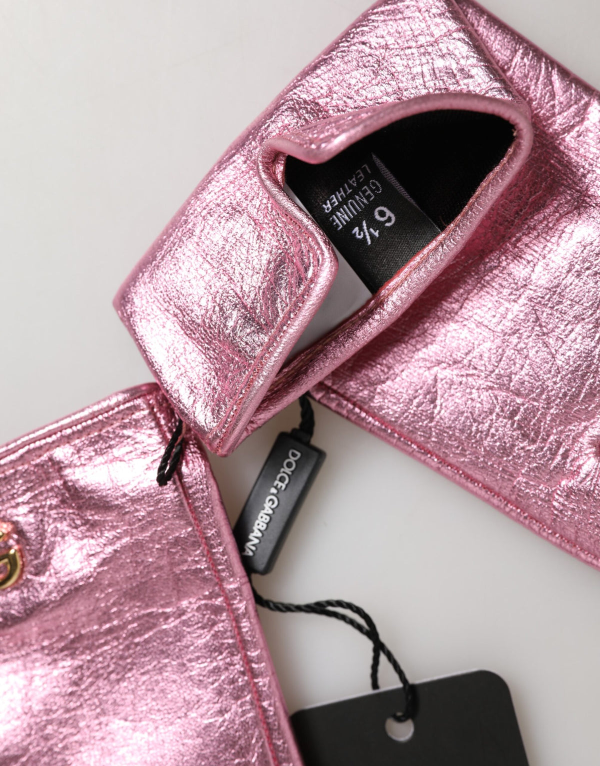 Dolce & Gabbana Pink Leather Gloves with DG Logo and Cuffs