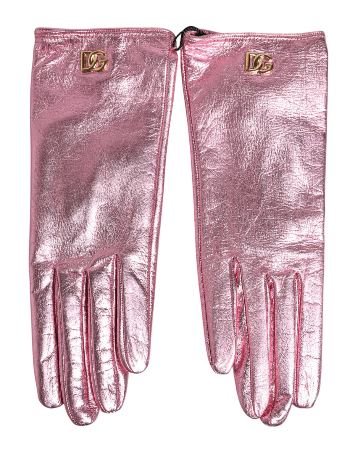 Dolce & Gabbana Pink Leather Gloves with DG Logo and Cuffs
