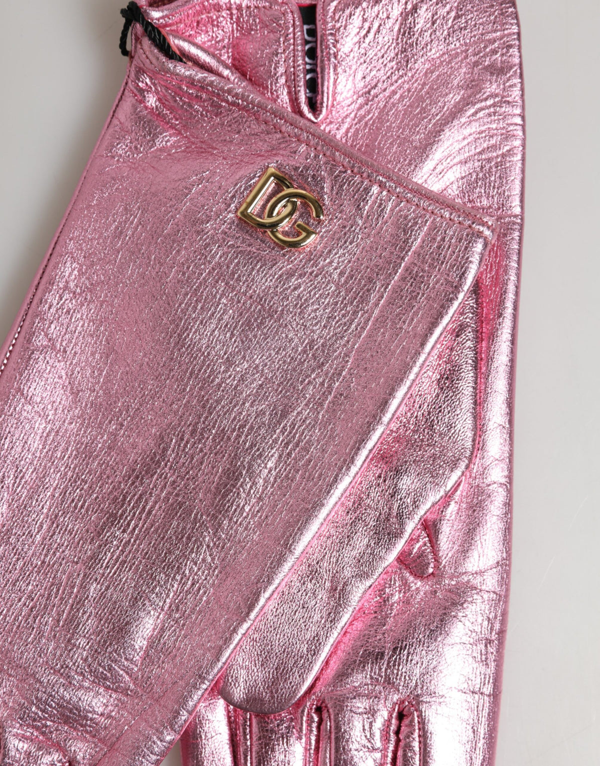 Dolce & Gabbana Pink Leather Gloves with DG Logo and Cuffs