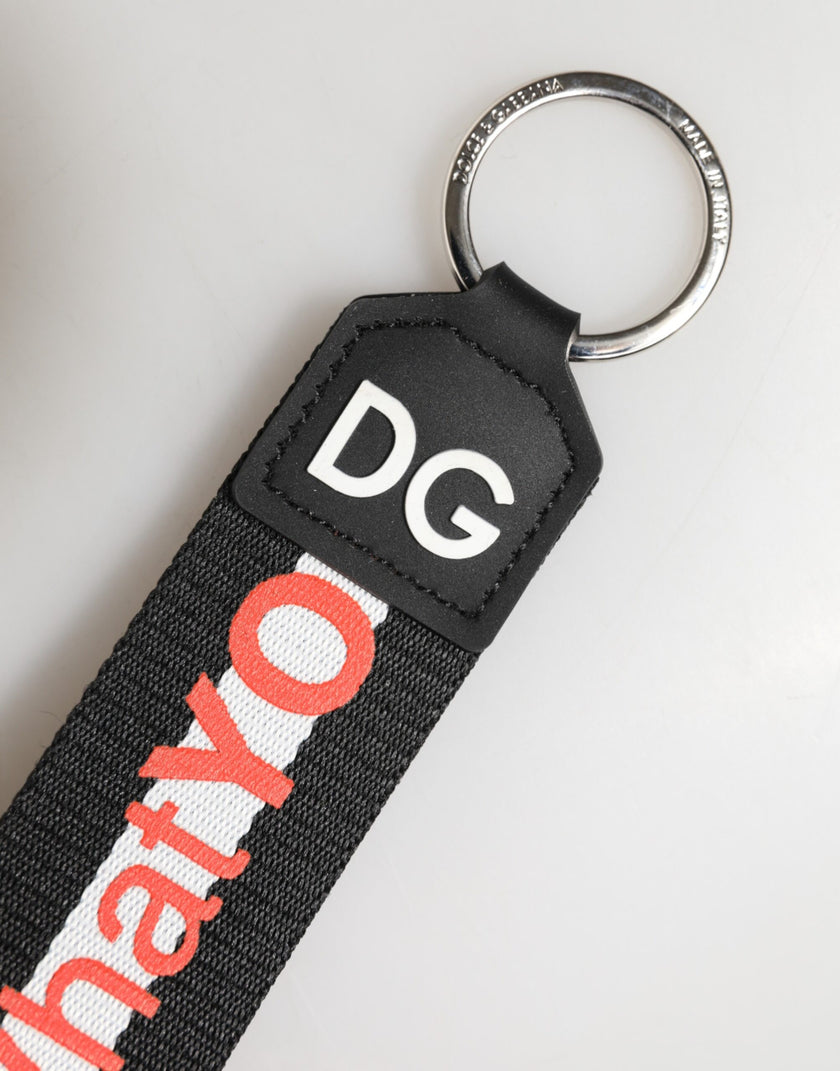 Dolce & Gabbana Schwarzer Logo-Schlüsselanhänger aus Polyester mit silbernem Messing