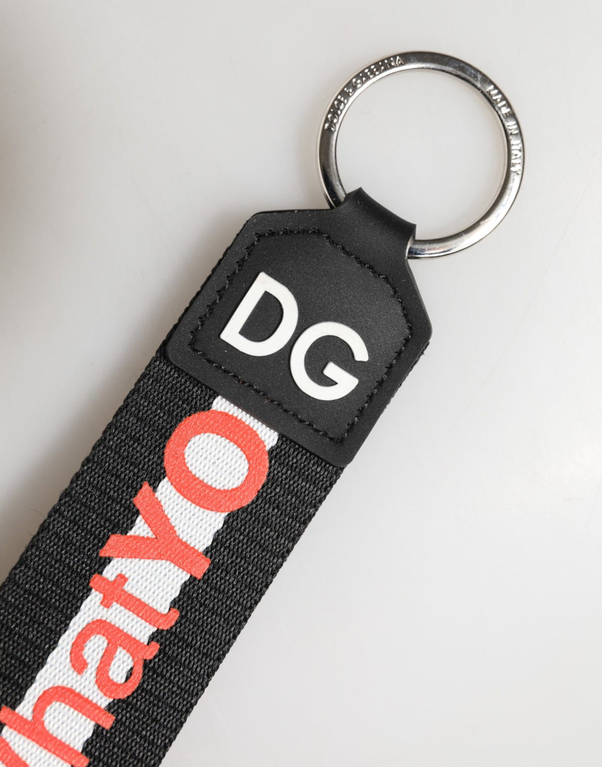 Dolce & Gabbana Black Polyester Logo Keychain with Silver Brass