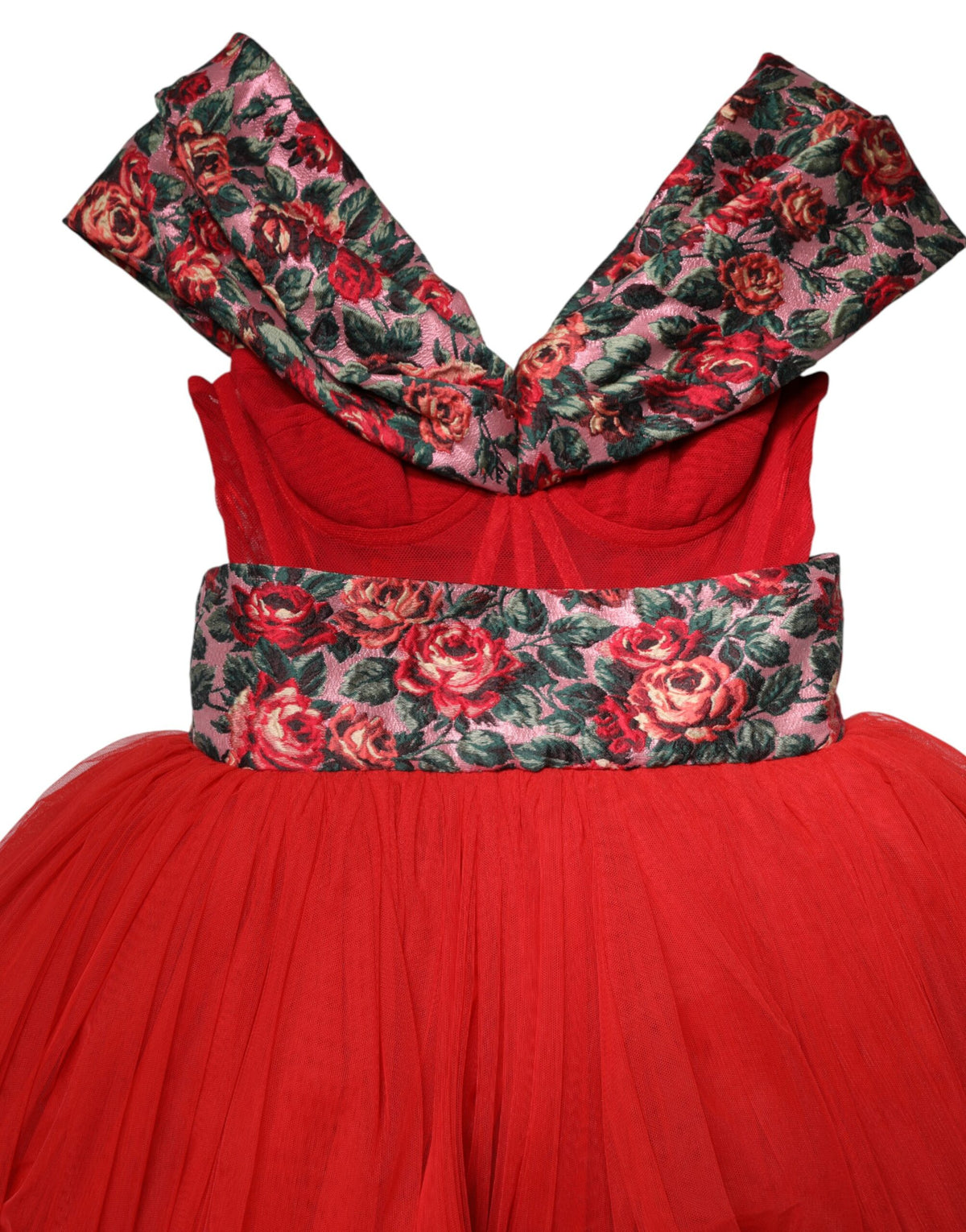 Dolce & Gabbana Rotes Blumen-Abendkleid mit Carmen-Ausschnitt und A-Linie